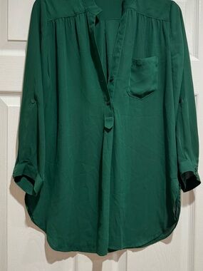 41 Hawthirn Womsn Blouse Emerald Green Button-Front Blouse Size